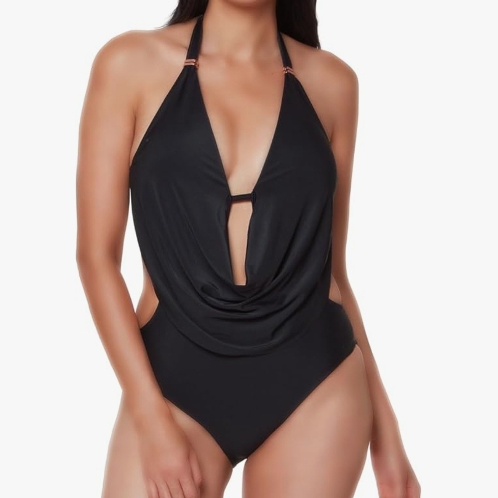 Bar III Black One-Piece Halter Swimsuit with Cowl Front, Size Small
